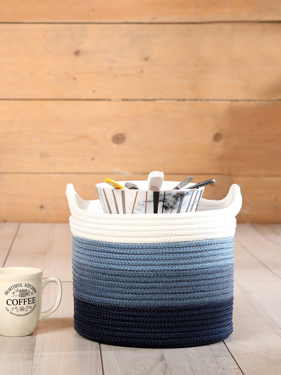 Pano Blue & White Woven-Design Utility Torrent Round Storage Basket Organizer