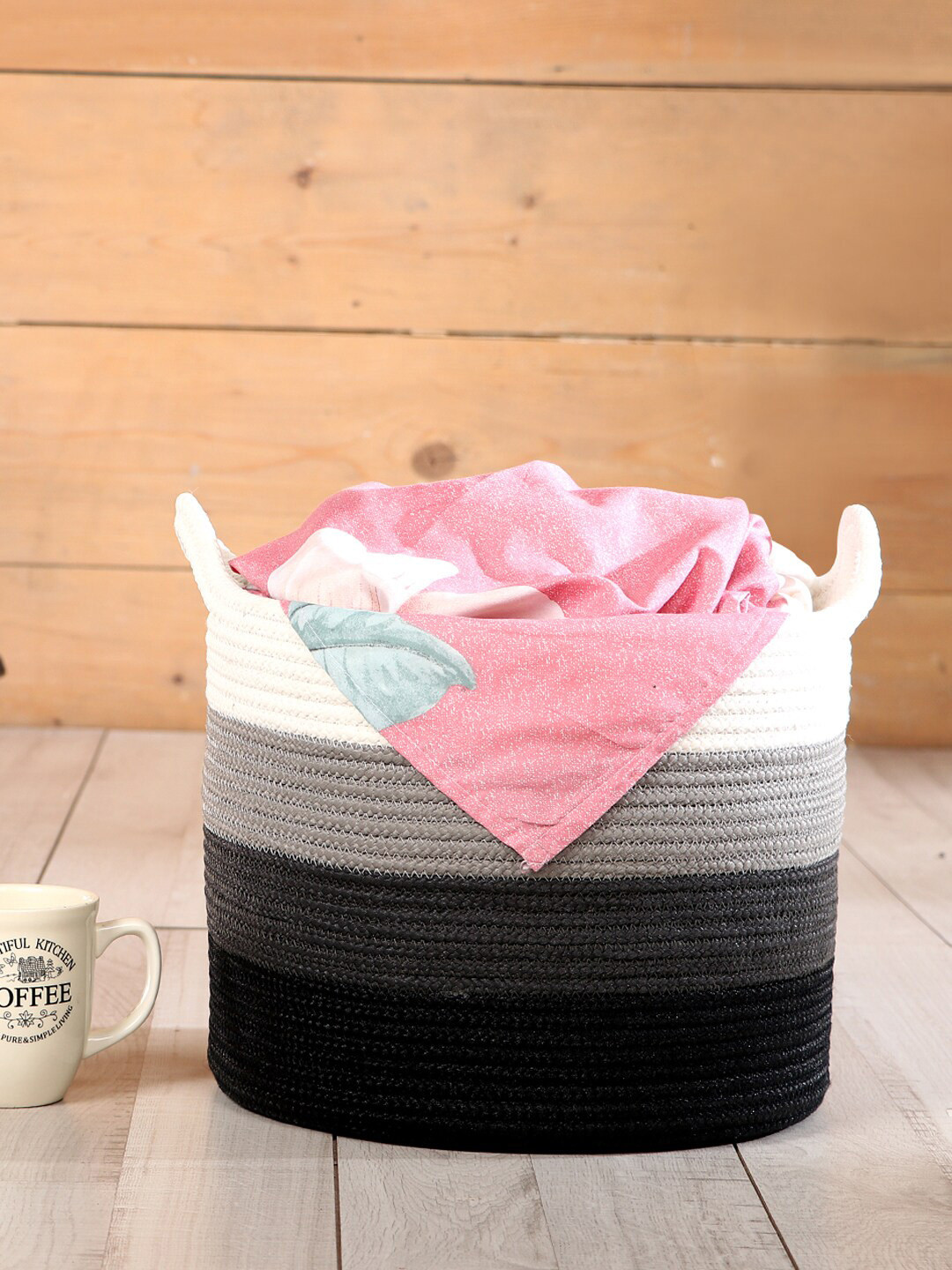 Pano Grey & White Woven-Design Utility Torrent Round Storage Basket Organizer