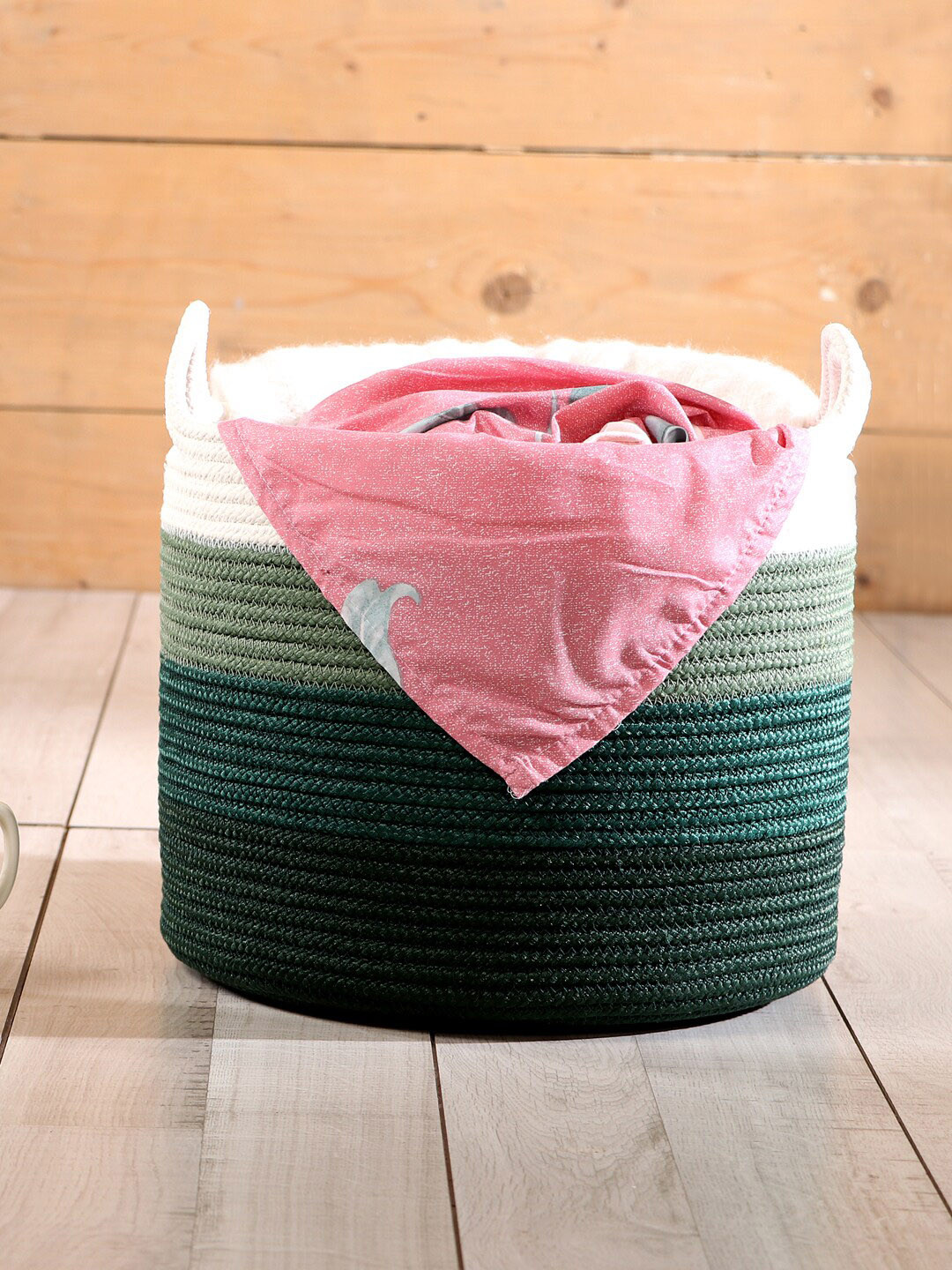 Pano Green & White Striped Patterned Bamboo Round Storage Basket