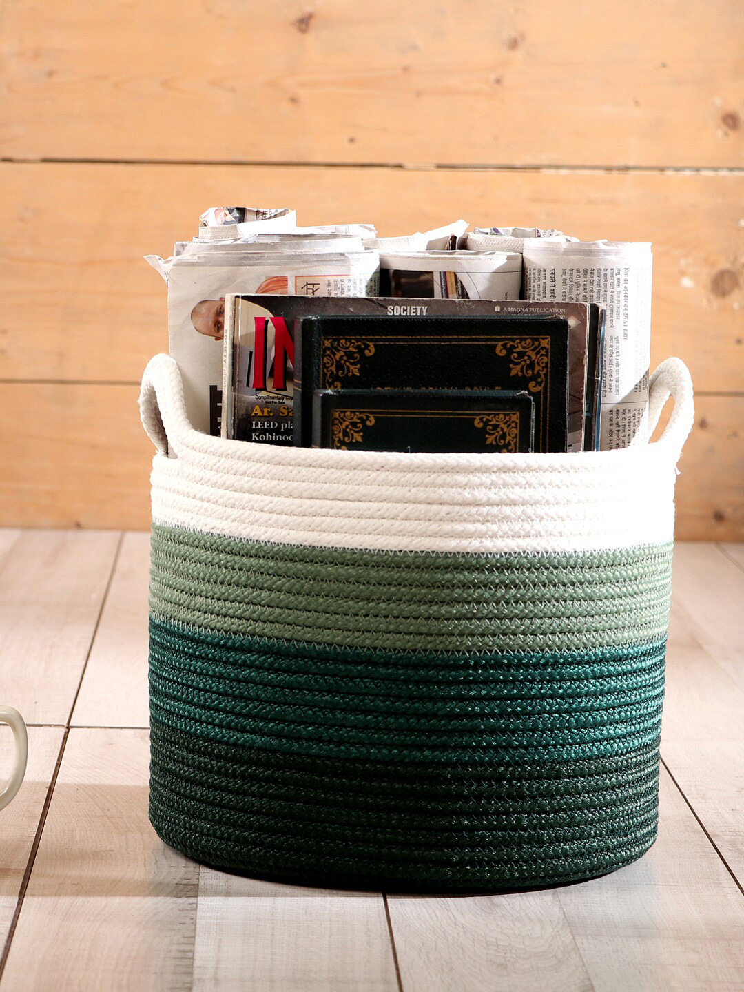 Pano Green & White Striped Round Storage Basket