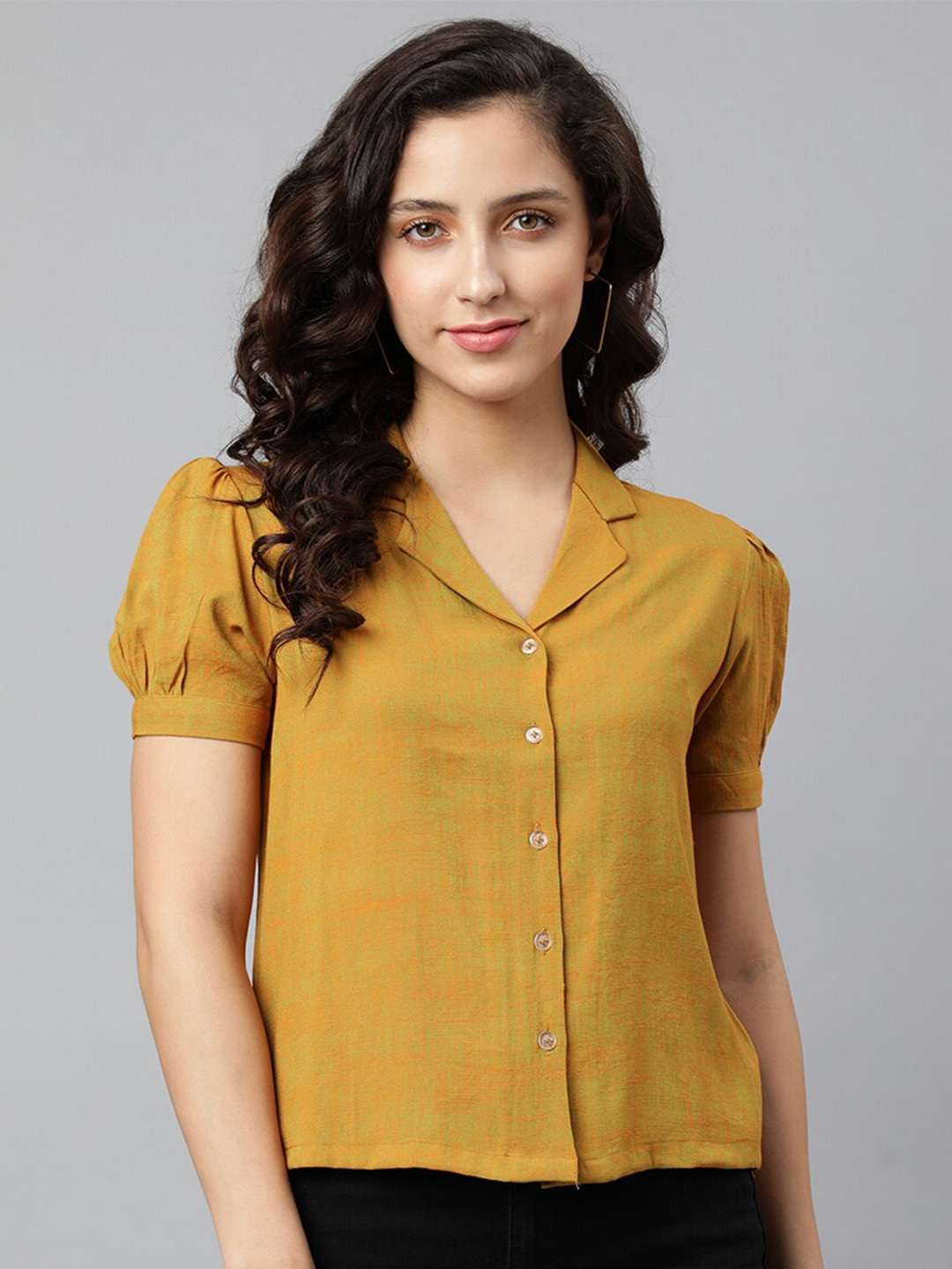 DEEBACO Women Mustard Premium Puff Sleeves Casual Shirt
