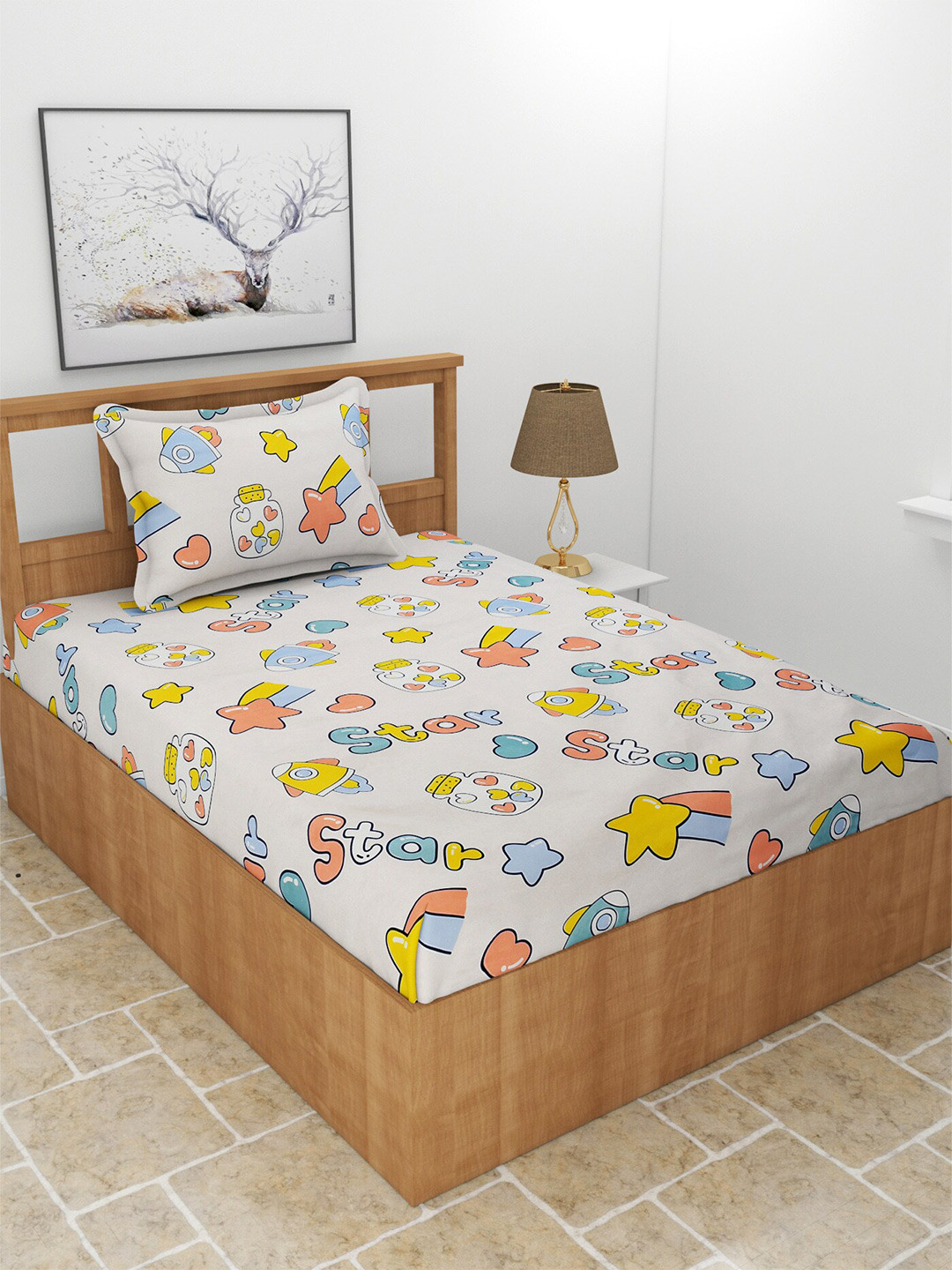 MORADO Off White Graphic Polycotton 210 TC Single Fine Bedsheet with a Pillow Cover-90 x 60 inches