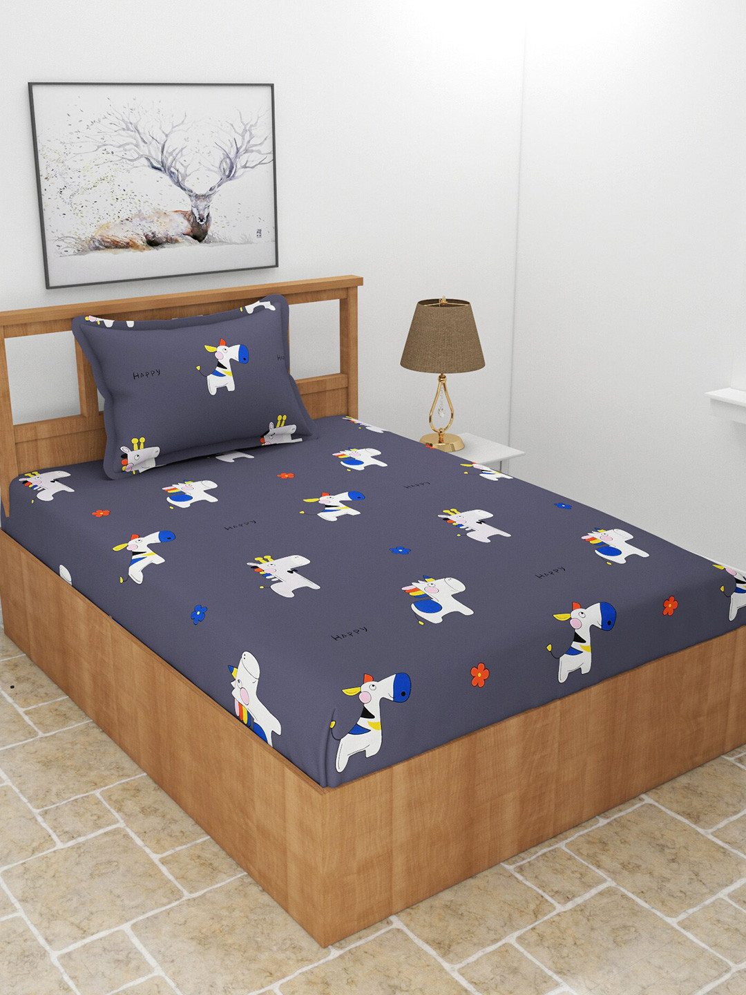 MORADO Tina Grey Graphic Polycotton 180 TC Single Fine Bedsheet with a Pillow Cover-90 x 60 inches