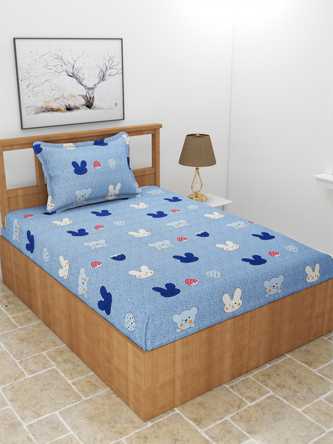 MORADO Casem Blue Conversational Cotton 210 TC Single Fine Bedsheet with a Pillow Cover-228 x 152 cm