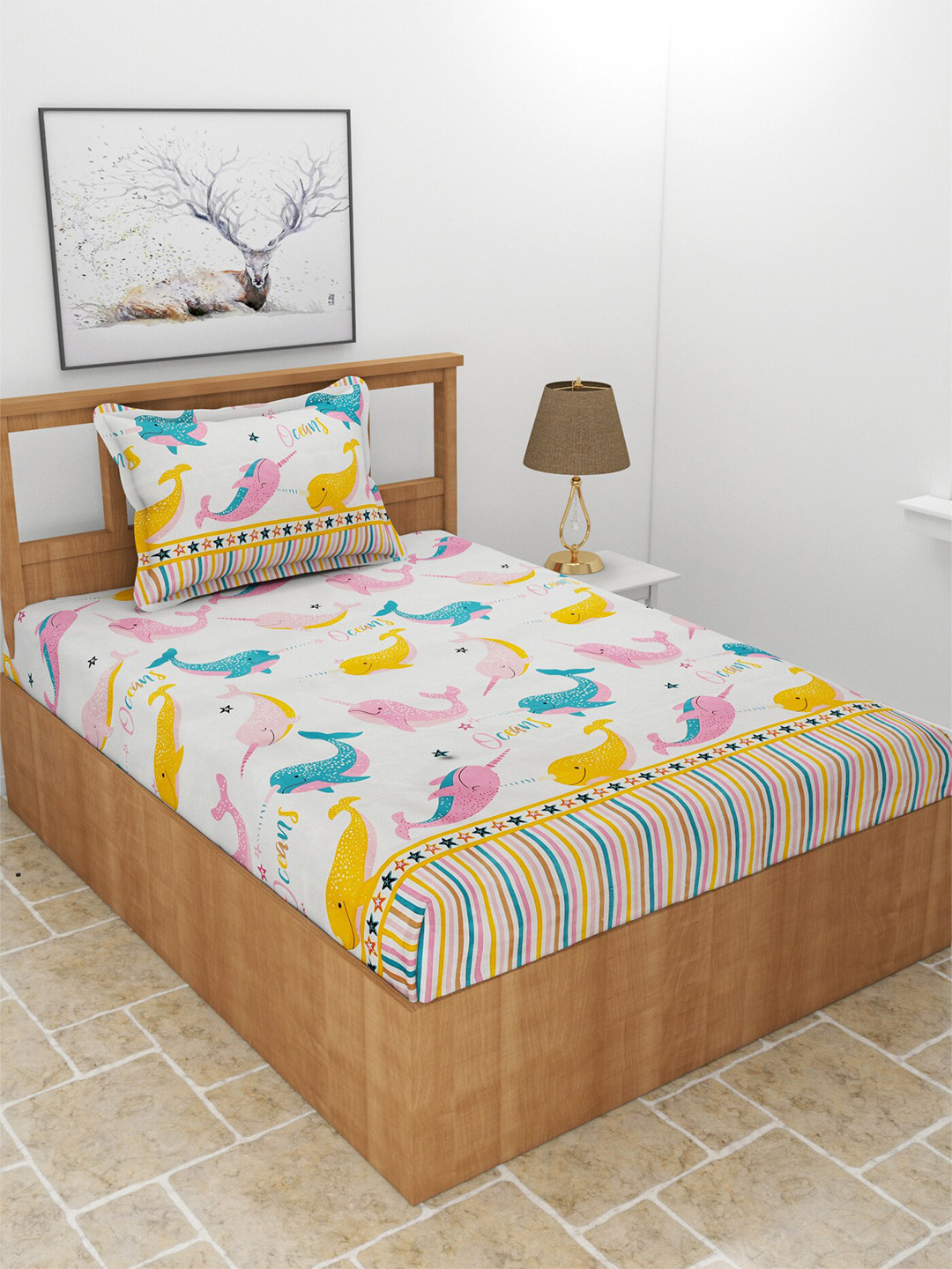 MORADO Off White Conversational Polycotton 210 TC Single Fine Bedsheet with a Pillow Cover-90 x 60 inches