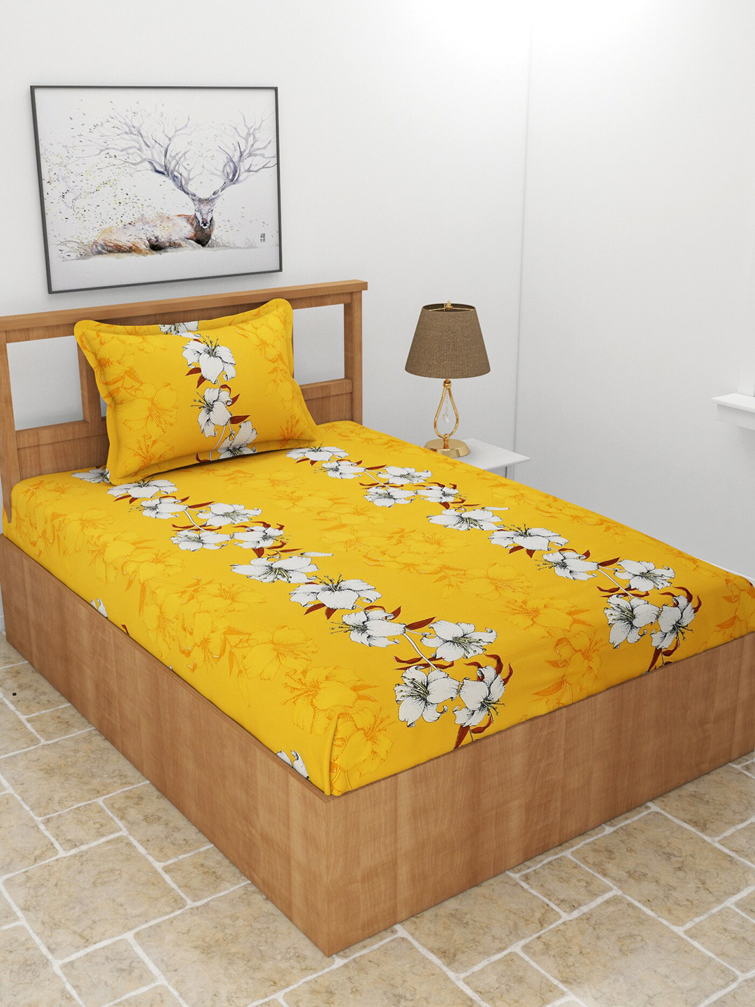 MORADO Maple Mustard Floral Polycotton 210 TC Single Fine Bedsheet with a Pillow Cover-90 x 60 inches