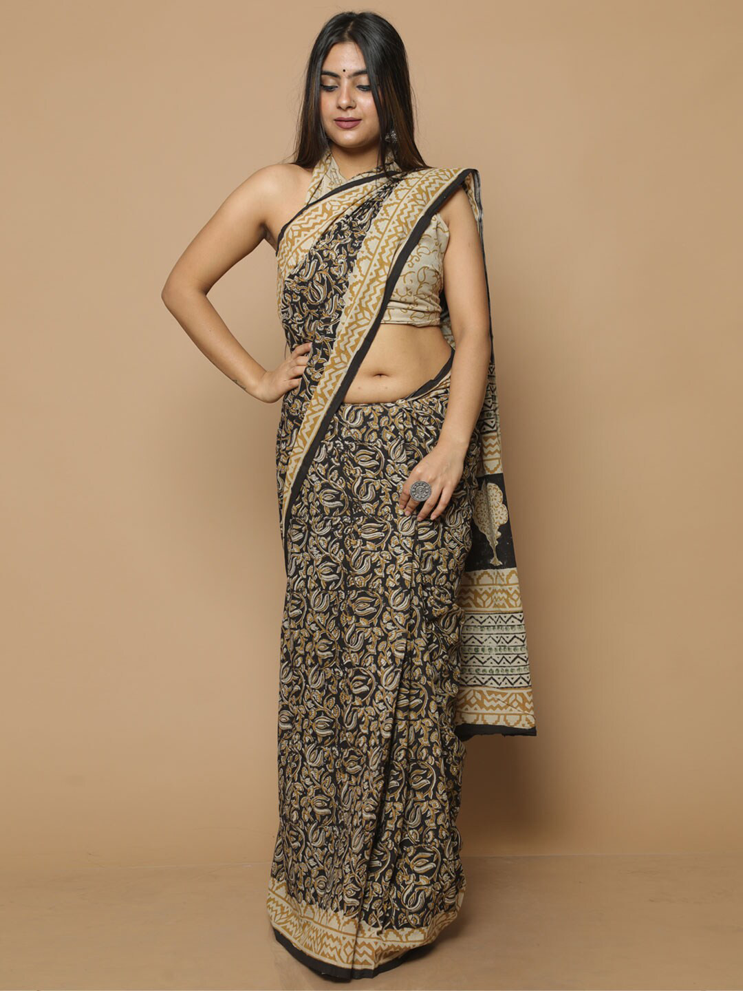 BUTA BUTI Black & Yellow Floral Pure Cotton Bagru Saree