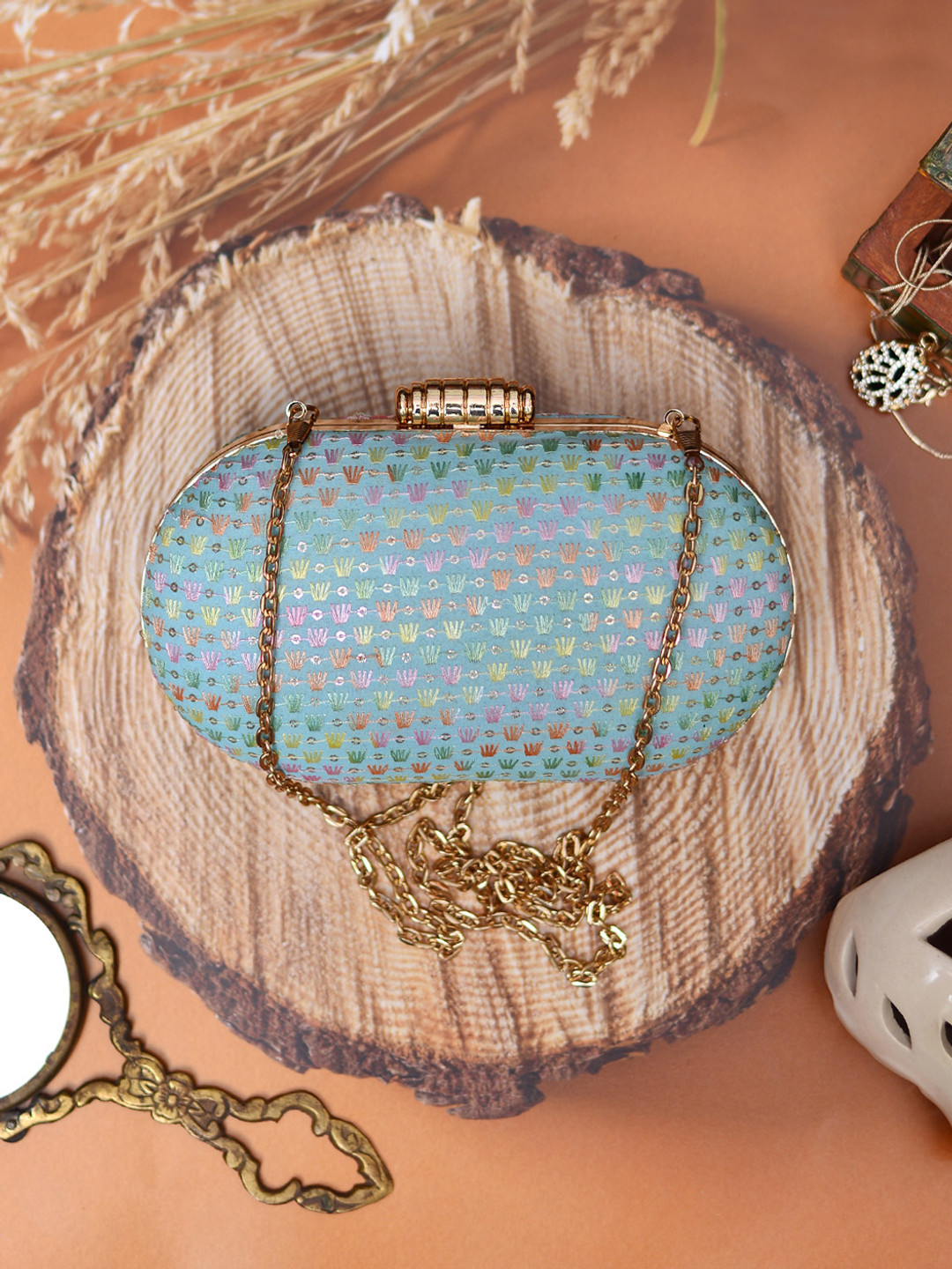 ARTKLIM Blue & Gold-Toned Embroidered Capsule Clutch