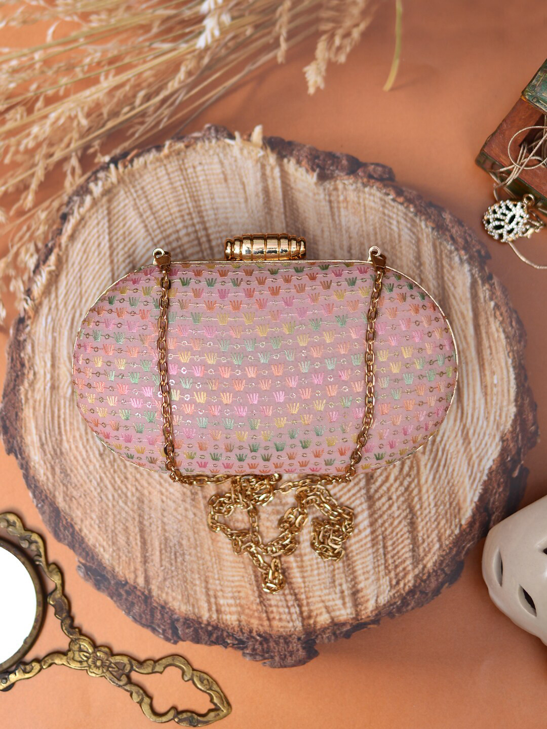 ARTKLIM Pink & Green Embroidered Box Clutch