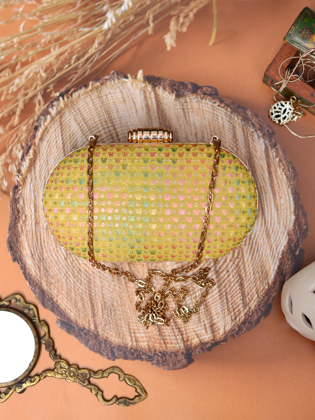 ARTKLIM Yellow & Gold-Toned Embroidered Box Clutch