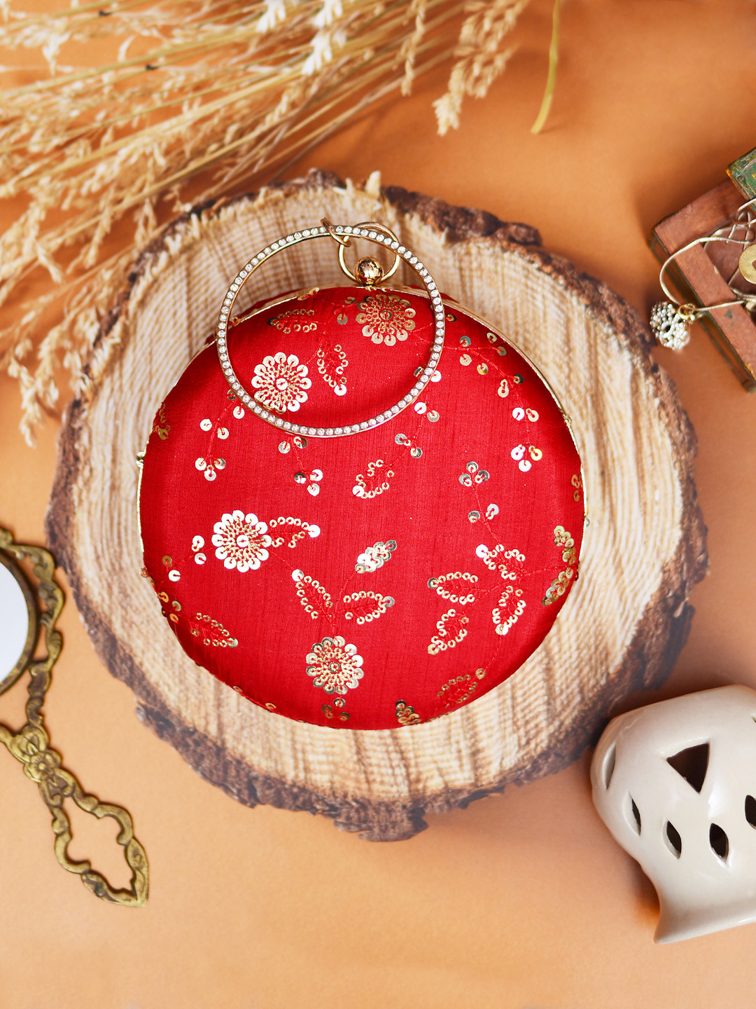 ARTKLIM Women Red & Gold-Toned Embroidered Embroidered Round Box Clutch