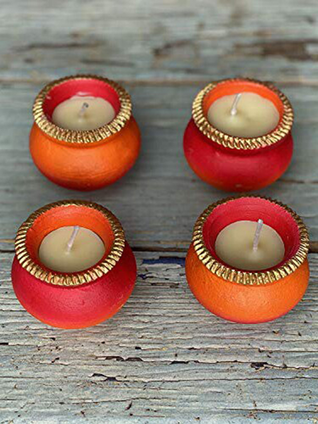 Ariana Set of 2 Red & Orange Textured Terracotta Matki Diya