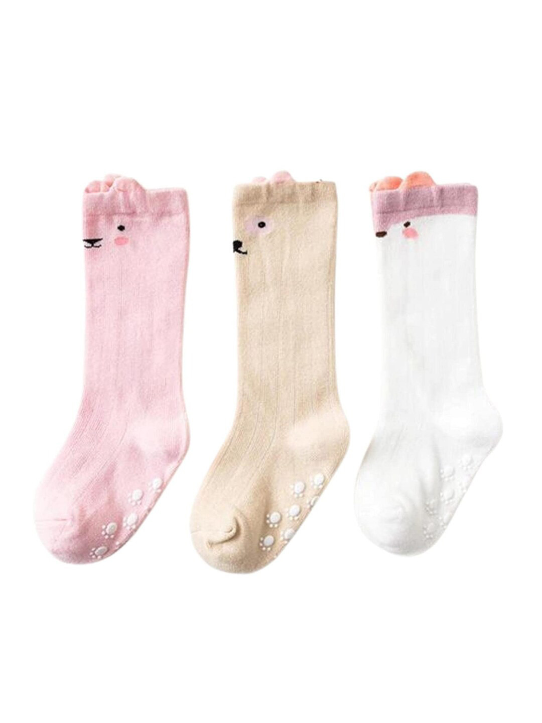 iSWEVEN Kids Pack Of 3 White & Pink Pattern Cotton Above Knee-Length Socks