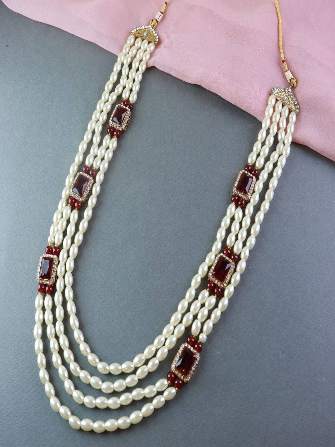 I Jewels Men White & Maroon Gold-Plated Dulha Moti Necklace