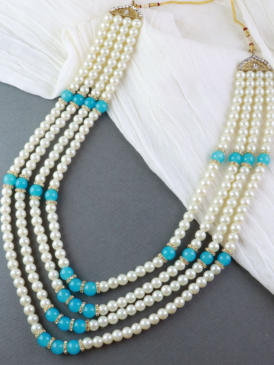 I Jewels Men Gold-Toned & Blue Beads 4 Layered Dulha Chain