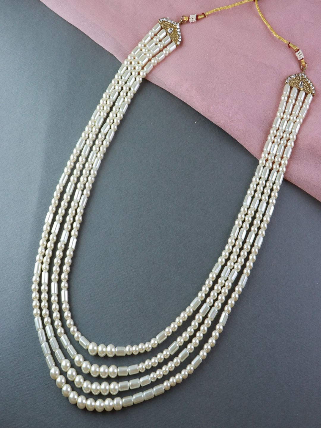 I Jewels Men Gold-Toned & White 4 Layered Pearl Chain