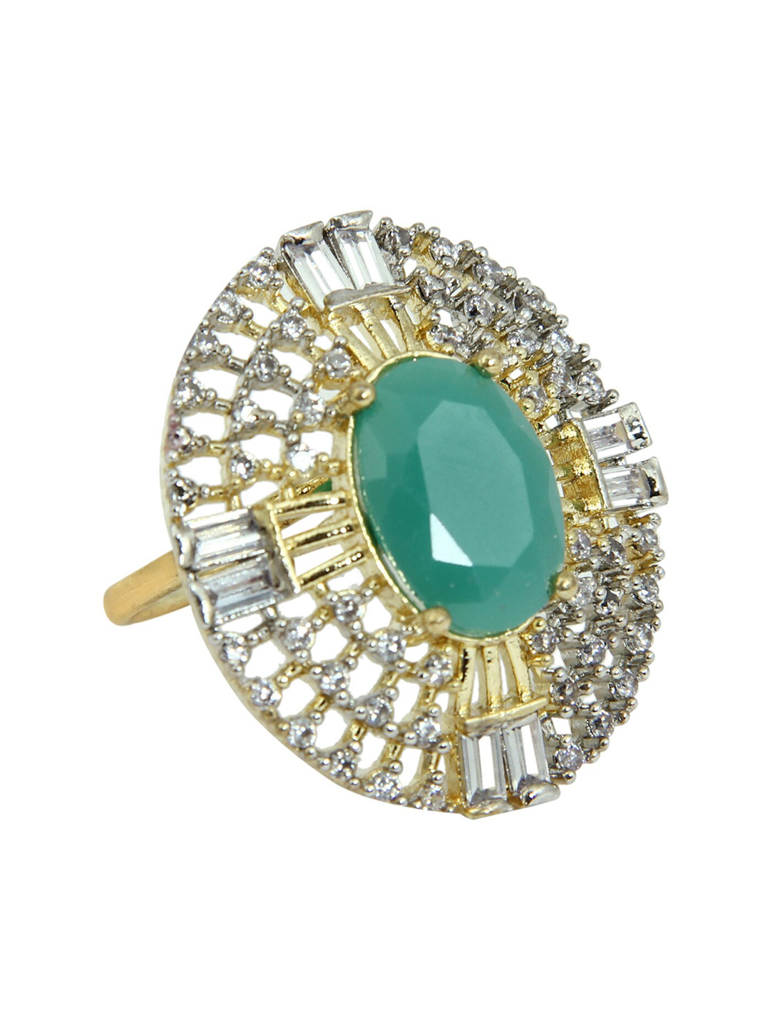FEMMIBELLA Gold-Plated Green AD With Emarald Studded Adjustable Finger Ring
