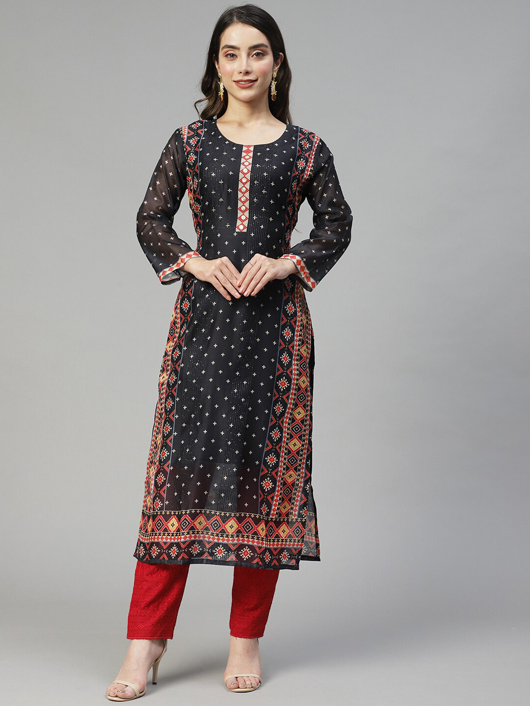 FASHOR Women Black Ethnic Motifs Chanderi S Straight Fit Kurta ilk Kurta