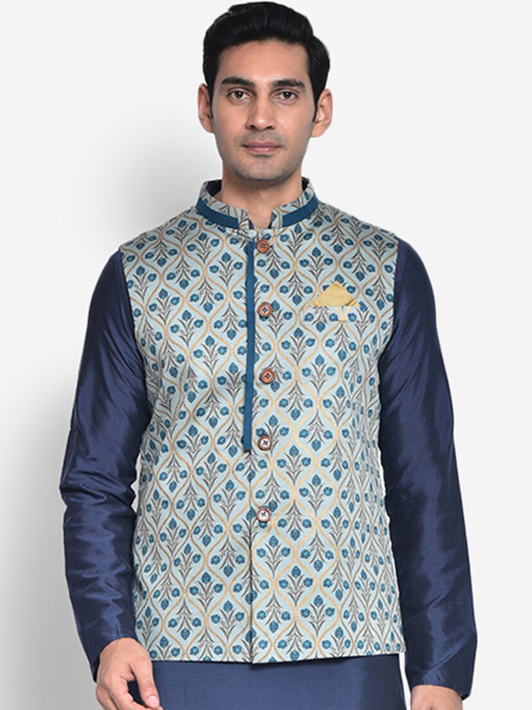 KISAH Men Blue & Brown Printed Woven Nehru Jacket