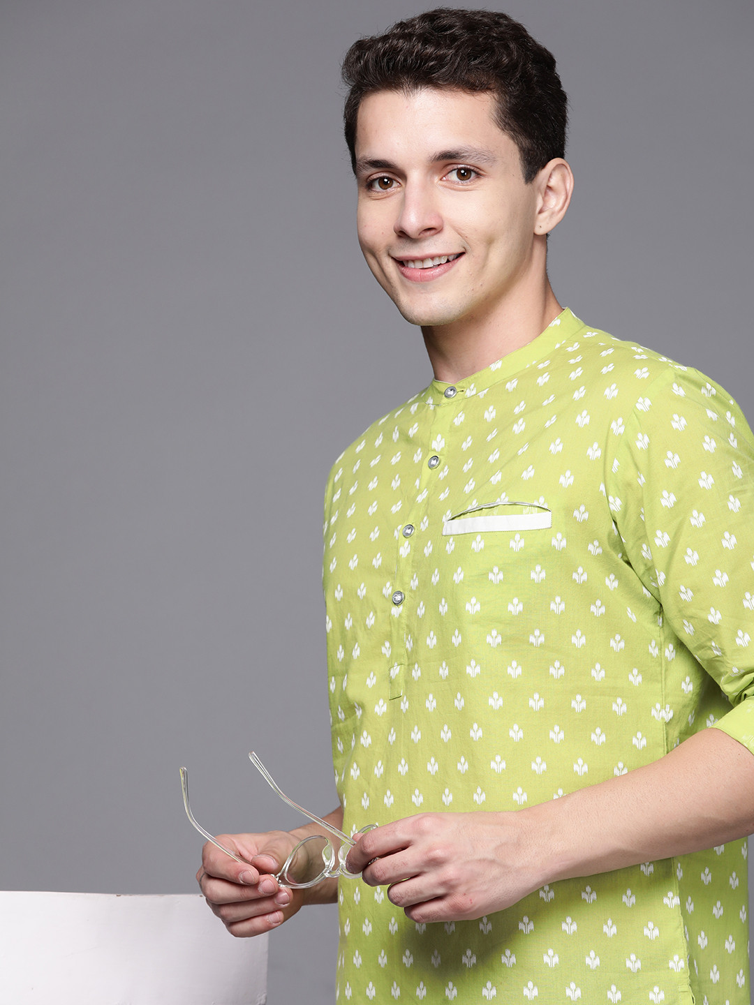 Indo Era Men Green & White Cotton Khari Print Kurta