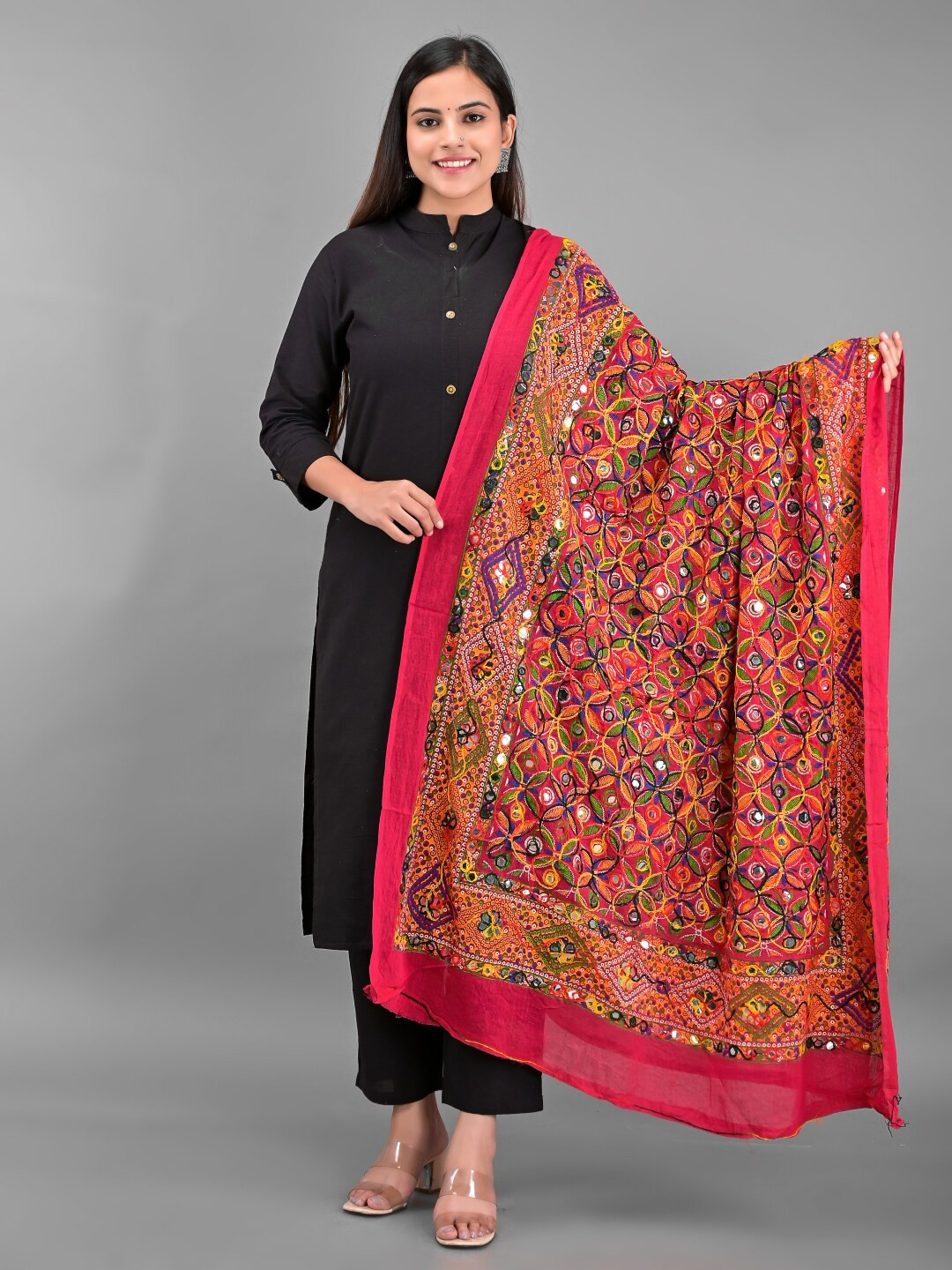 Apratim Women Red & Green Embroidered Cotton Blend Dupatta with Mirror Work