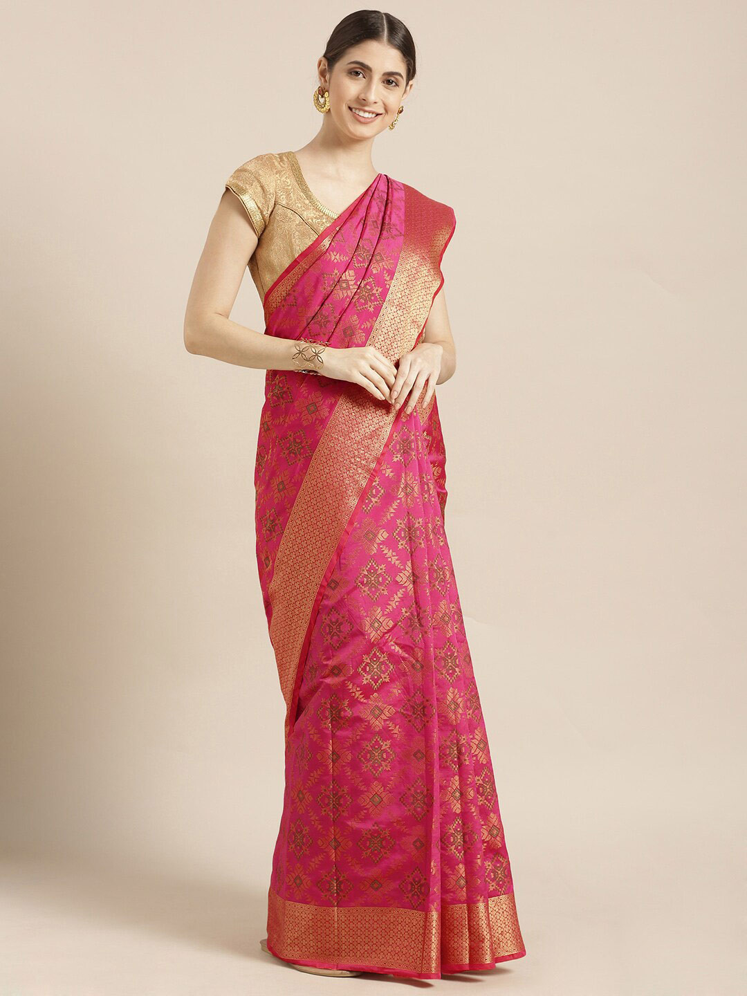 Mitera Pink & Green Kanjeevaram Zari Saree