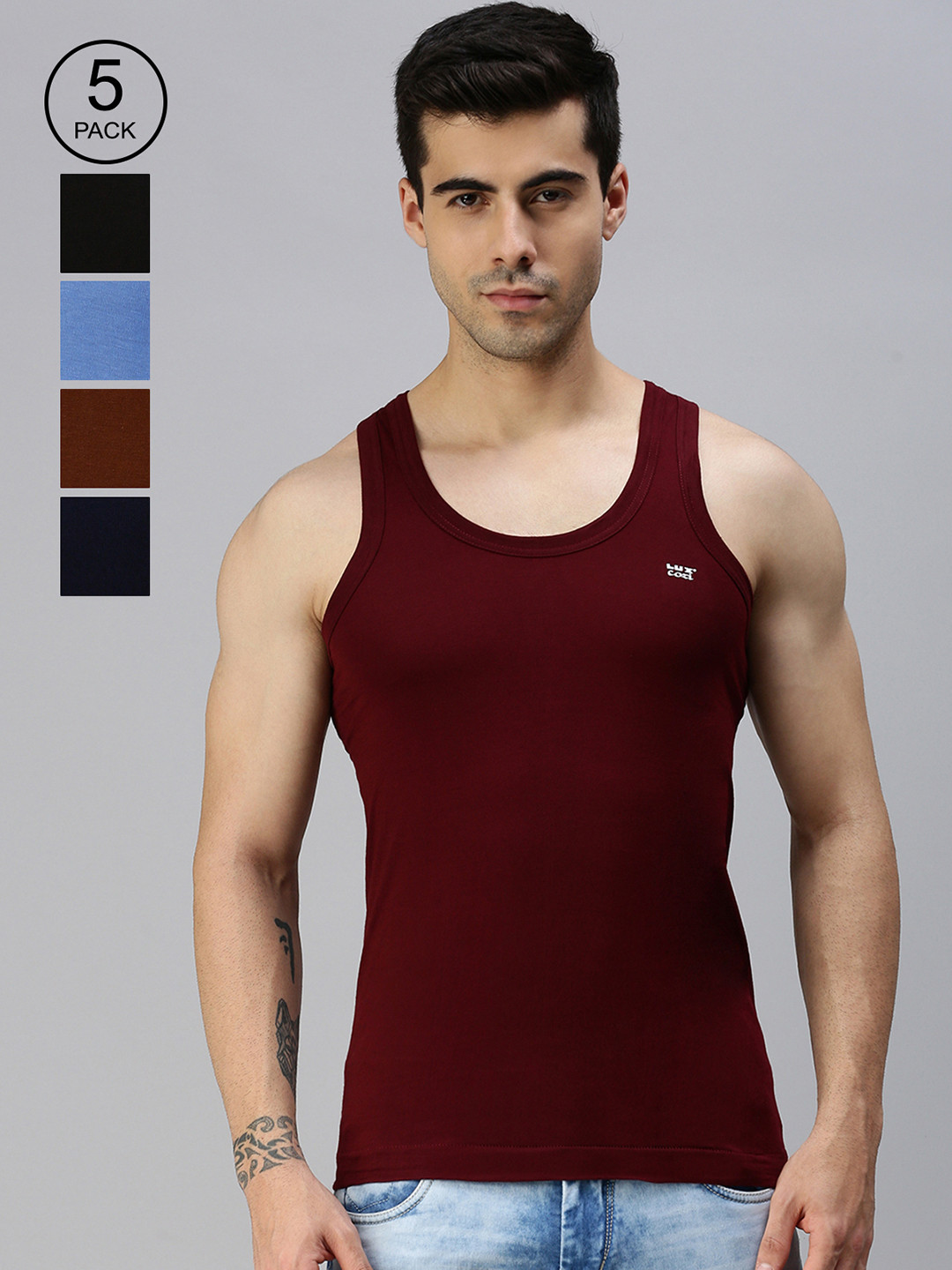 Lux Cozi Men Pack Of 5 Assorted Pure Cotton Innerwear Sleeveless Basic Color Vests