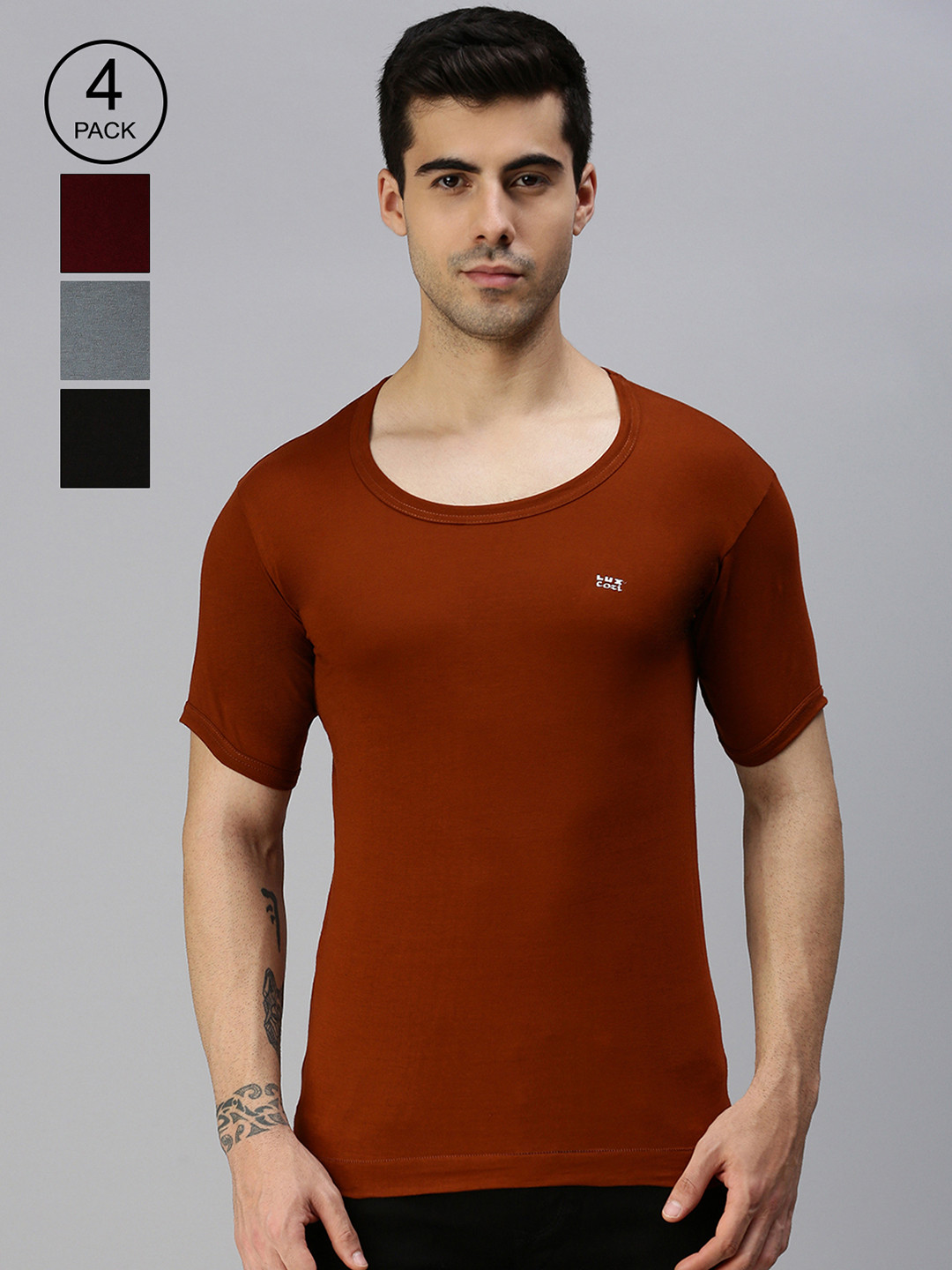 Lux Cozi Men Pack Of 4 Assorted Pure Cotton Short Sleeves Basic Innerwear Vests