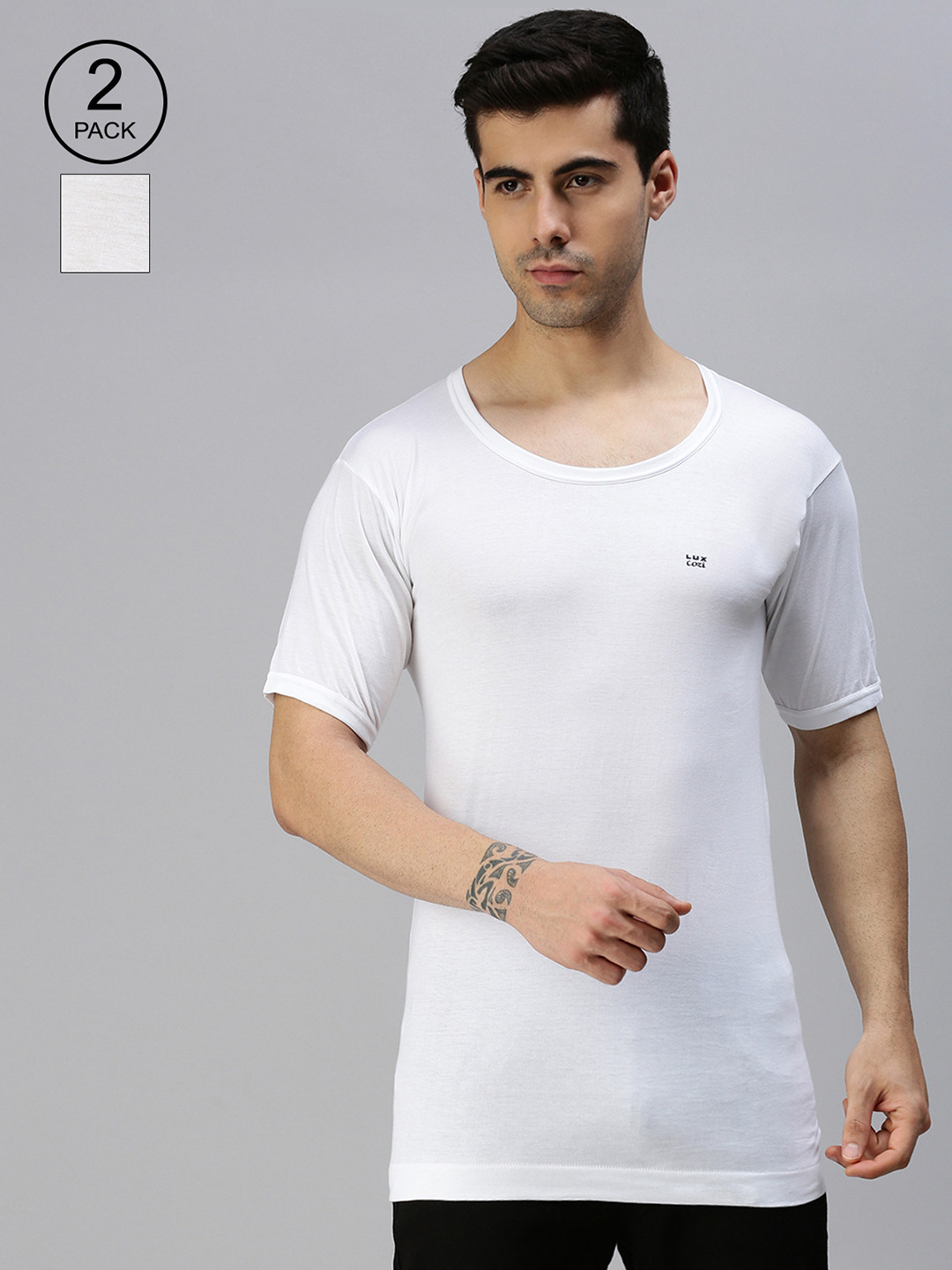 Lux Cozi Men Pack Of 2 White Solid Organic Cotton Basic Vests
