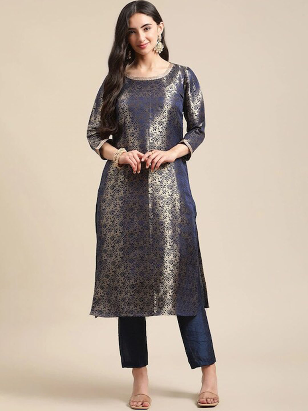 Varanga Women Blue & Gold Floral Brocade Gotta Patti Straight Winter Kurta with Trousers