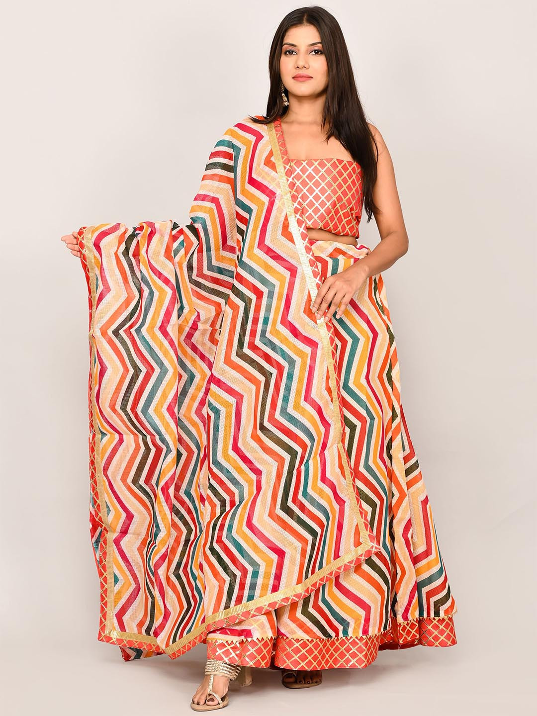 Kesarya White & Orange Ready to Wear Lehenga & Unstitched Blouse With Dupatta