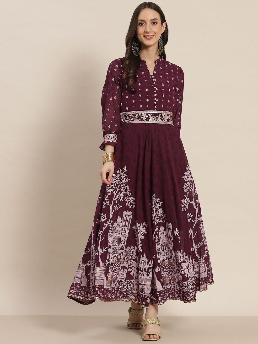 Juniper Maroon & White Ethnic Motifs Printed Georgette A-Line Maxi Dress