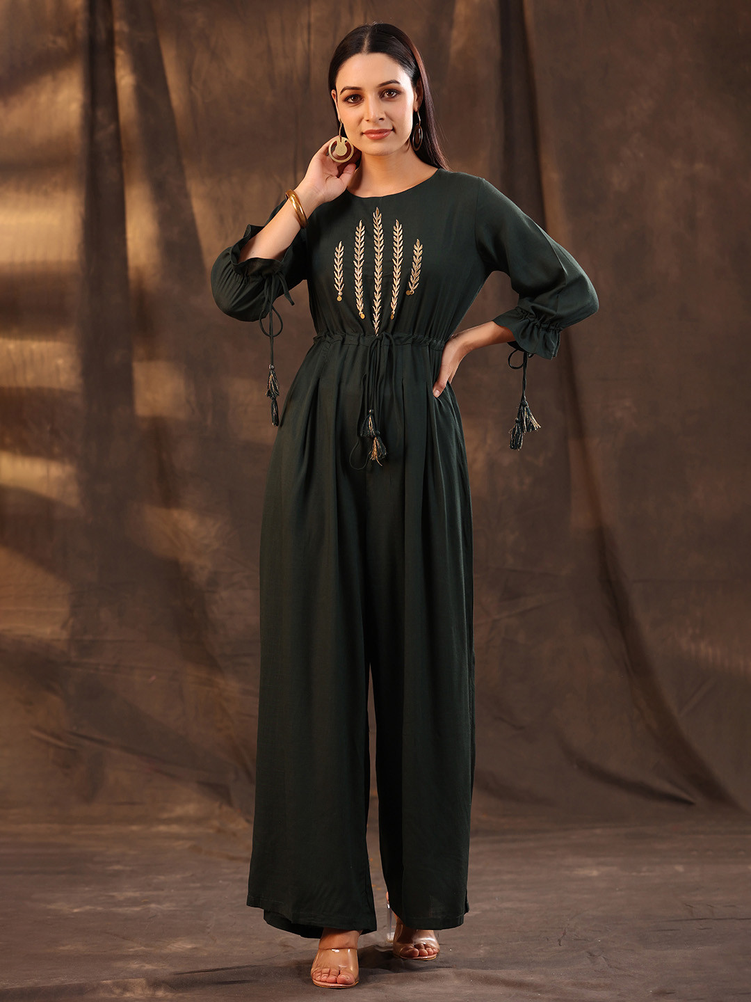 Juniper Green Basic Jumpsuit with Embroidered Detail