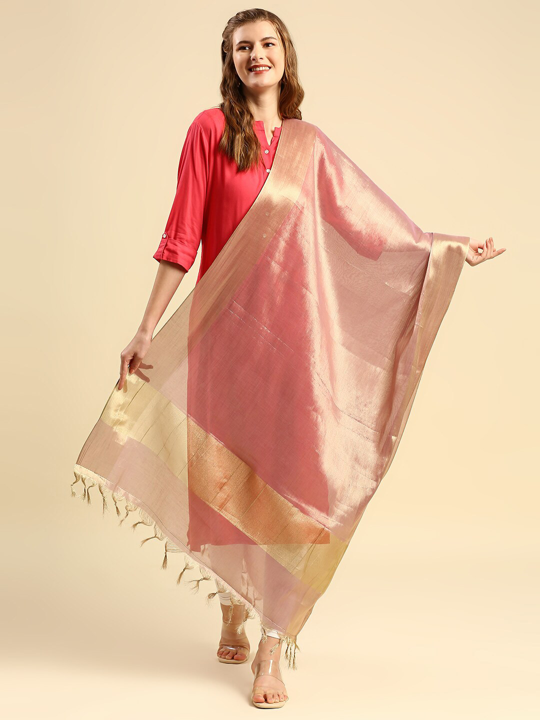 Dupatta Bazaar Pink & Gold-Toned Dupatta with Zari