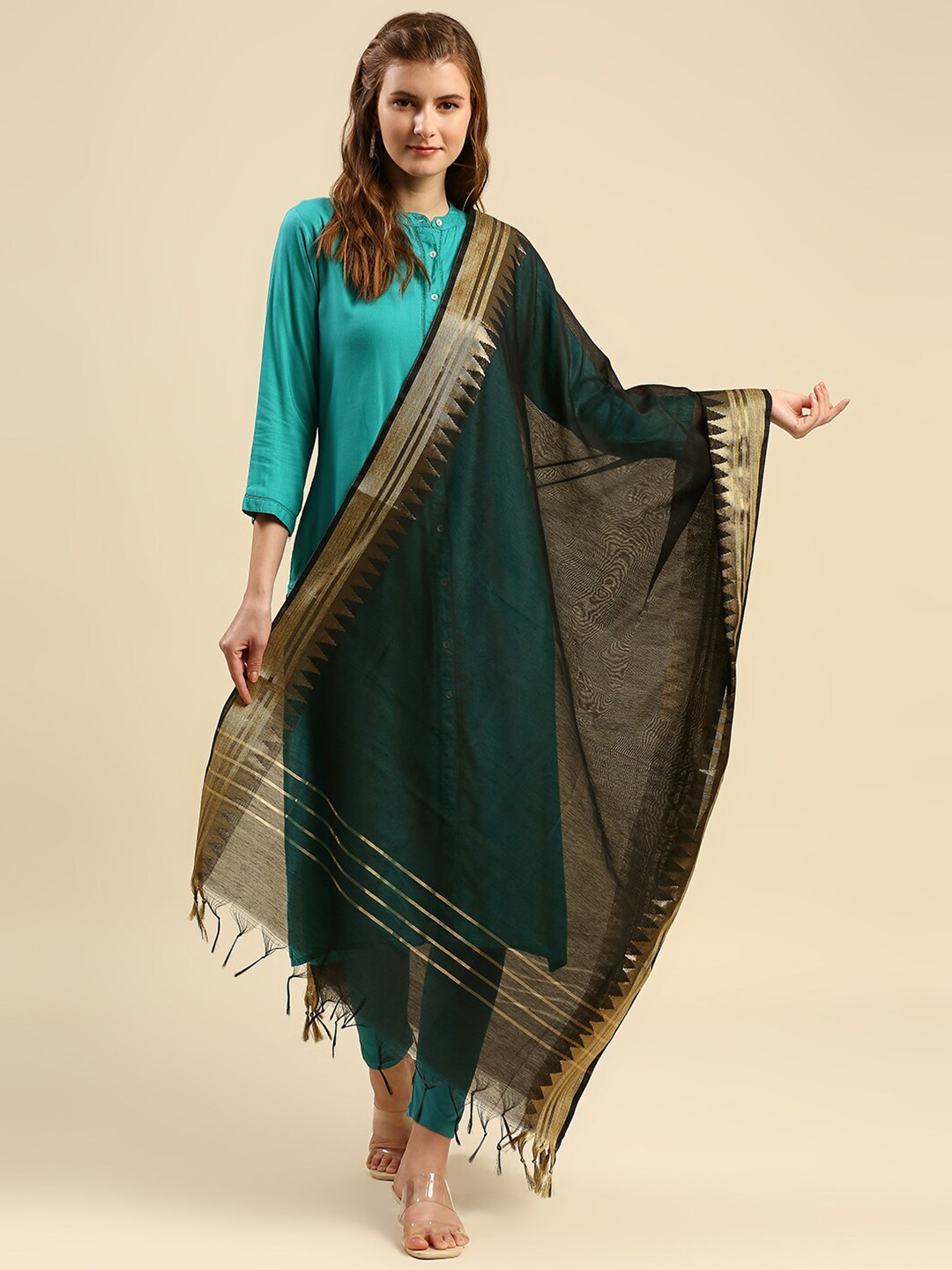Dupatta Bazaar Black & Gold-Toned Woven Design Dupatta