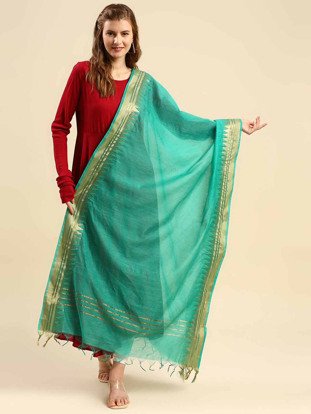 Dupatta Bazaar Sea Green & Gold-Toned Tasselled Border Dupatta