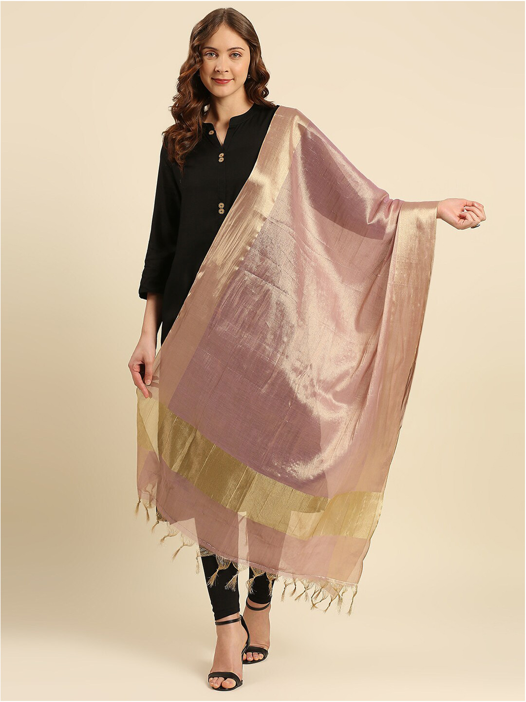 Dupatta Bazaar Mauve & Gold-Toned Tasselled Border Dupatta