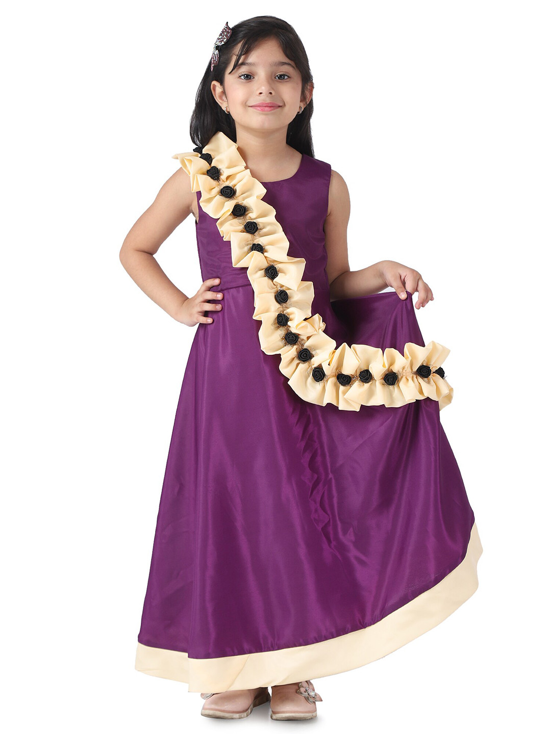 Samsara Couture Purple & Off White Satin A-Line Maxi Dress
