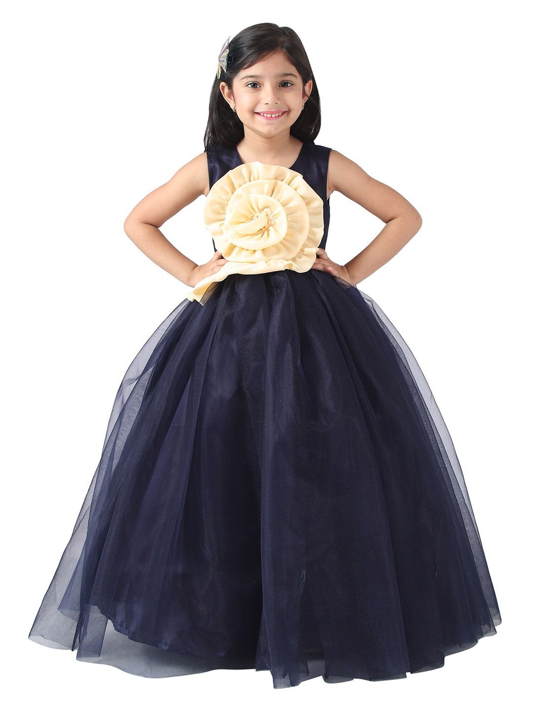 Samsara Couture Navy Blue & Cream-Coloured Satin Maxi Dress