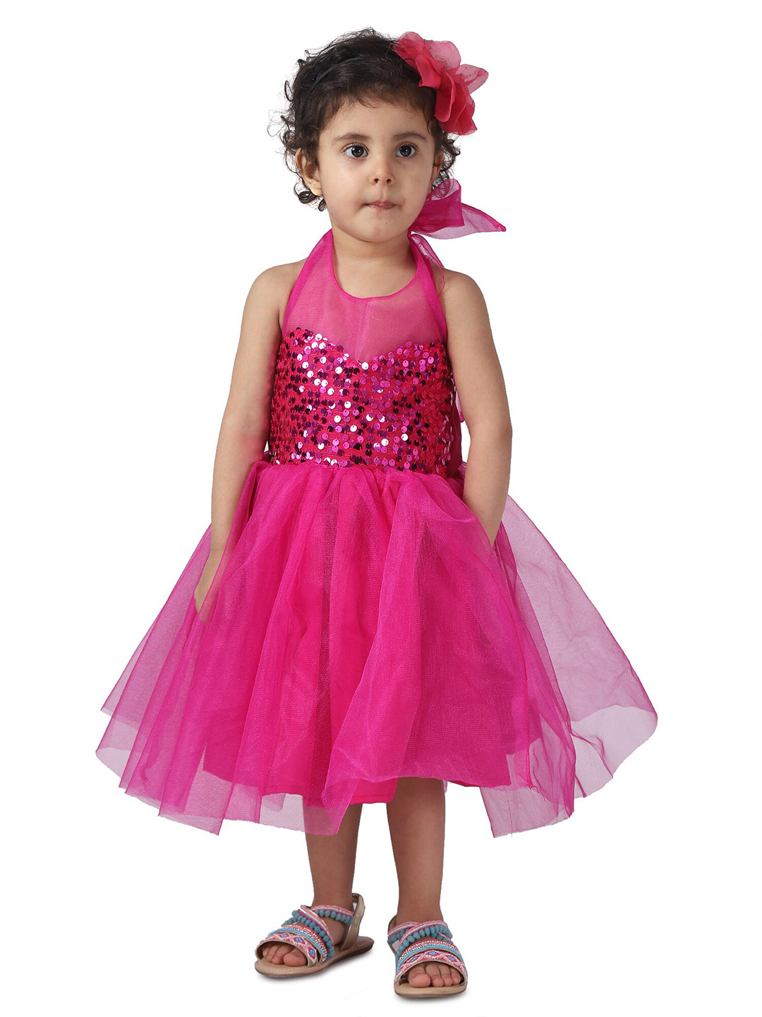 Samsara Couture Magenta Embellished Halter Neck Satin Ethnic Dress