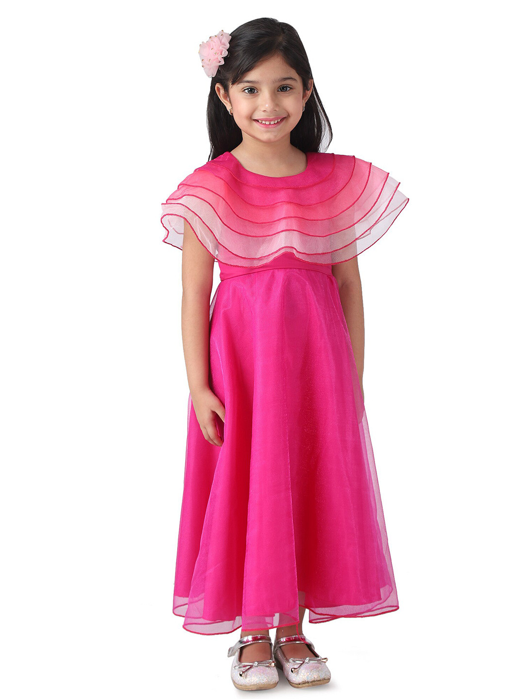 Samsara Couture Girls Pink & White Satin A-Line Maxi Dress