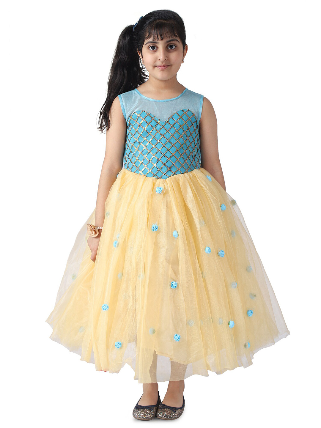 Samsara Couture Blue & Cream-Coloured Embellished Fit and Flare Maxi Dress