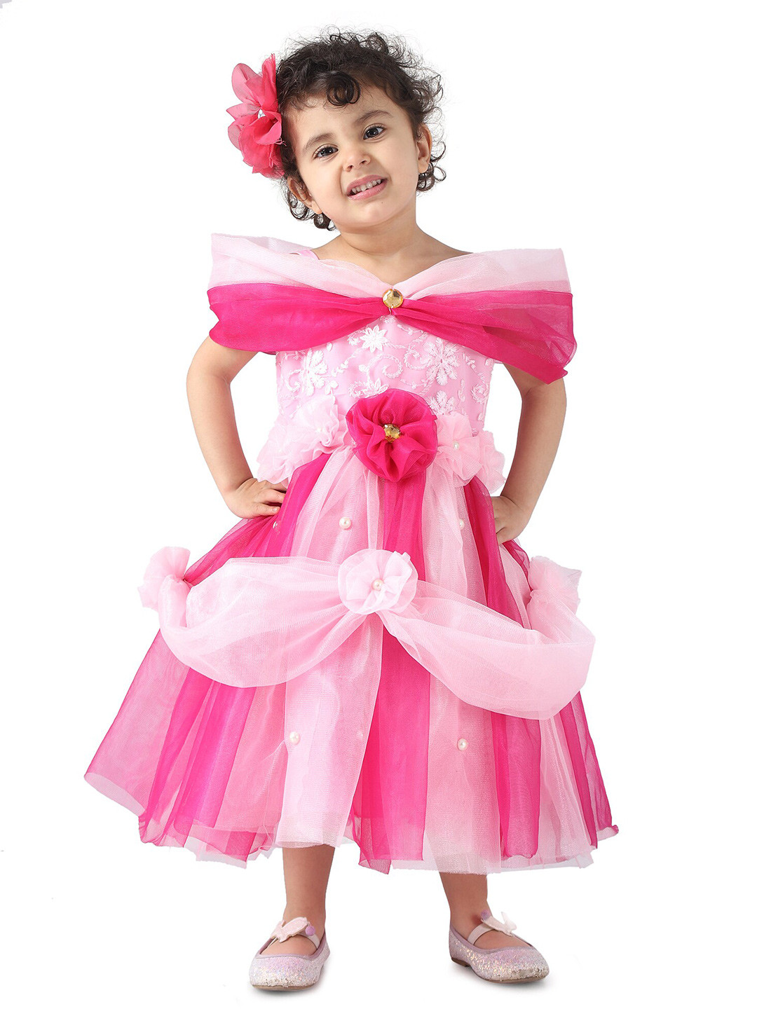 Samsara Couture Pink Off-Shoulder Fit and Flare Midi Dress