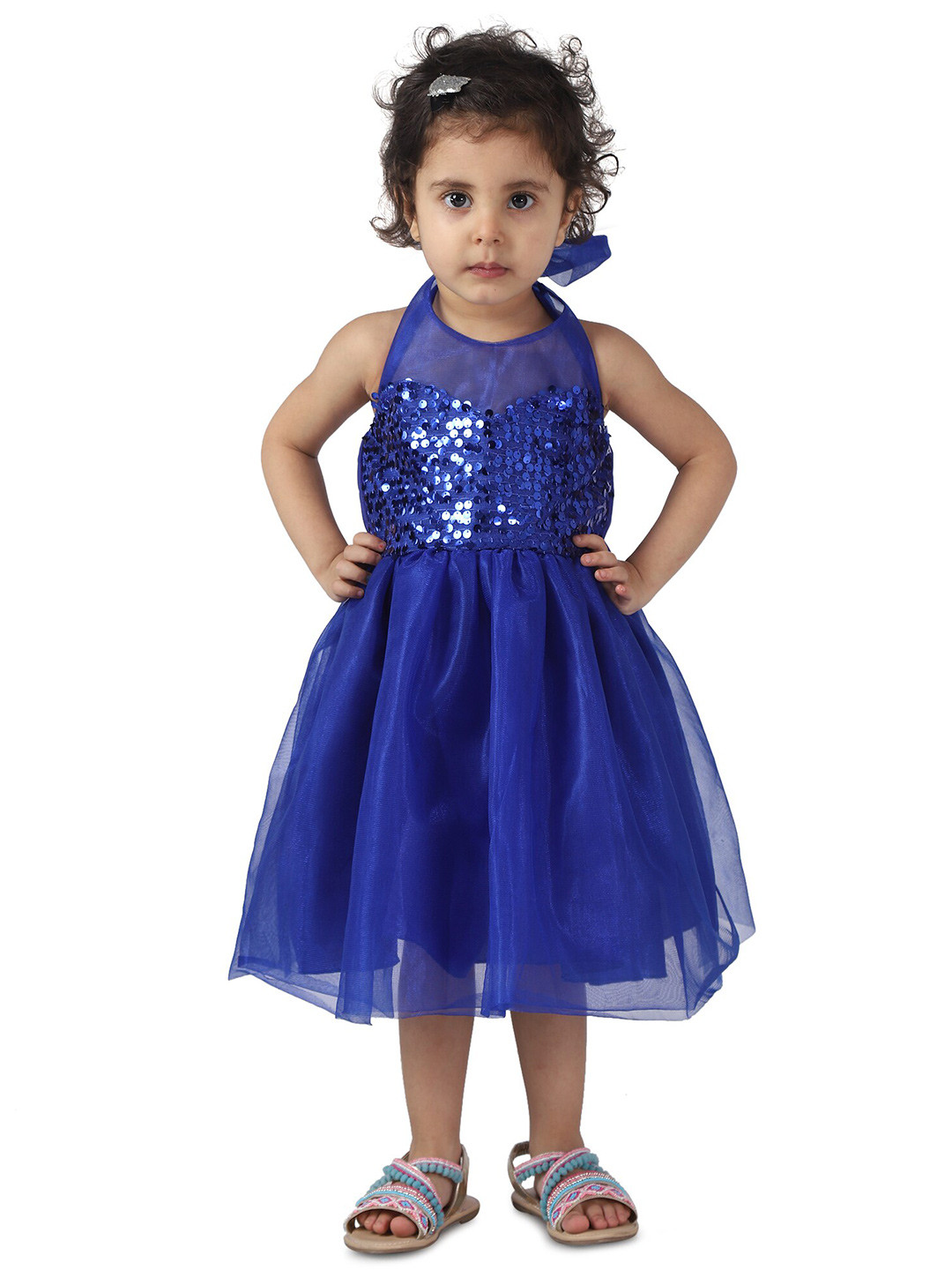 Samsara Couture Blue Embellished Halter Neck Fit and Flare Midi Dress