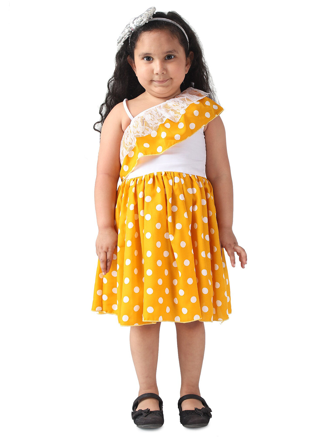 Samsara Couture Yellow & White Polka Dot Printed Fit and Flare Dress
