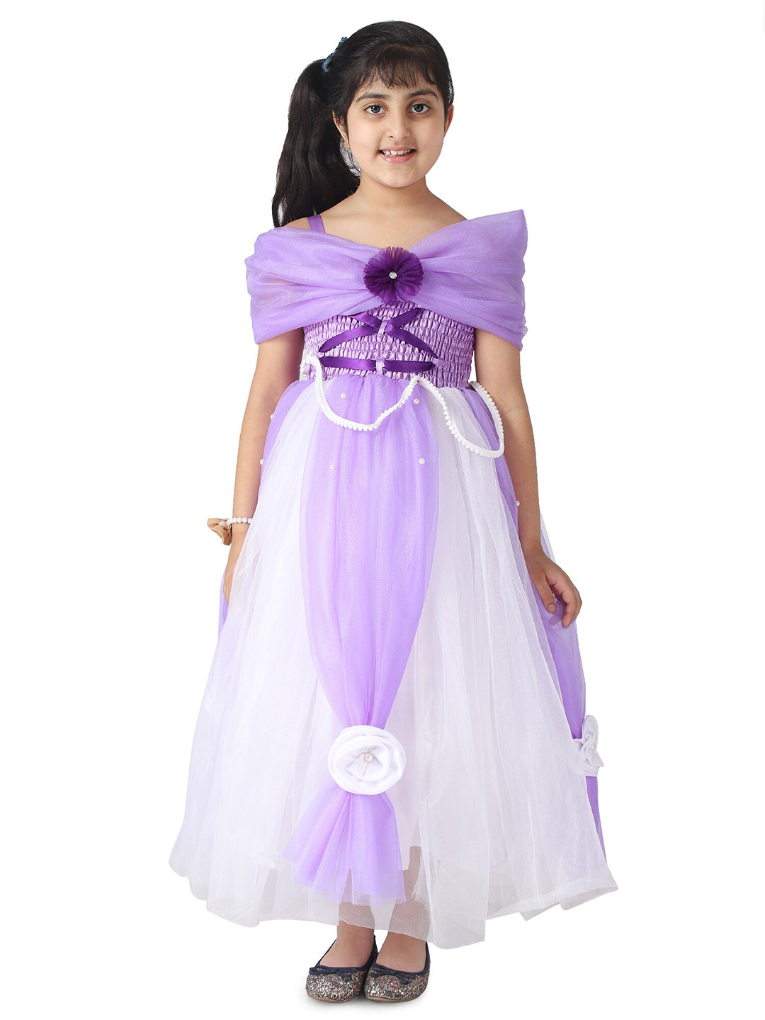 Samsara Couture Purple & White Satin Maxi Dress