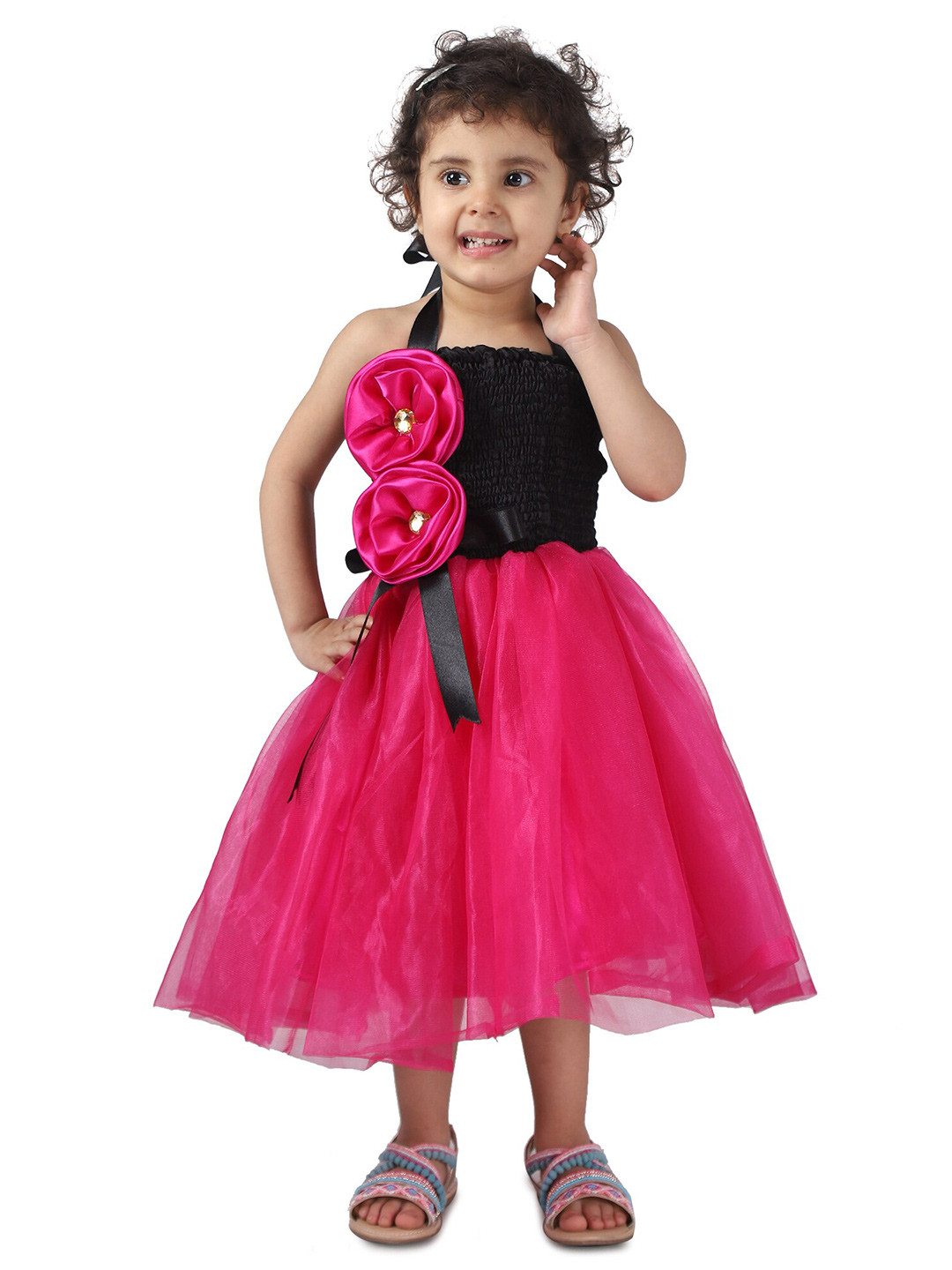Samsara Couture Girls Black & Fuchsia Fit & Flared Satin Dress