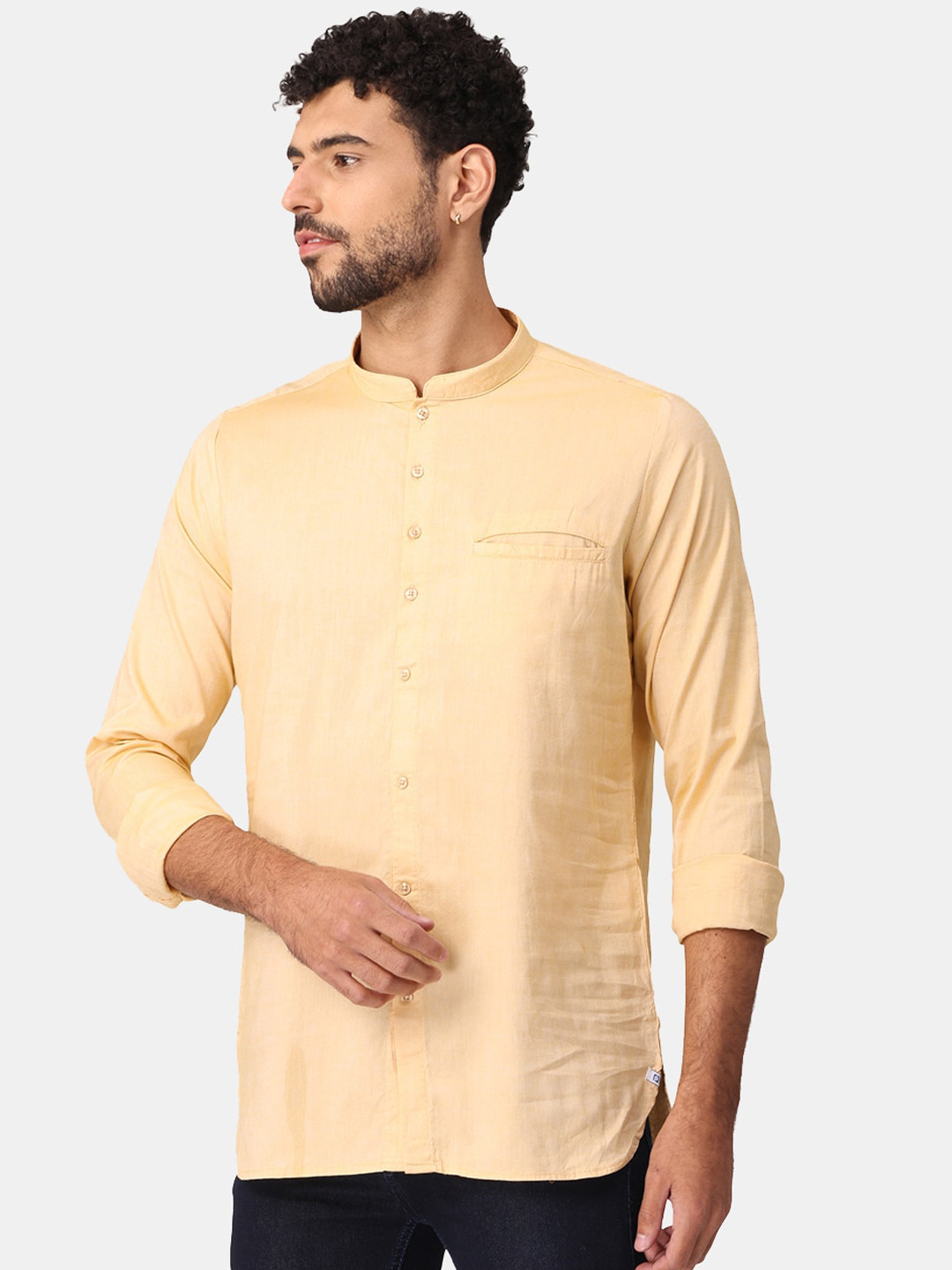 NIRVAAN Men Yellow Solid Mandarin Collar Kurta
