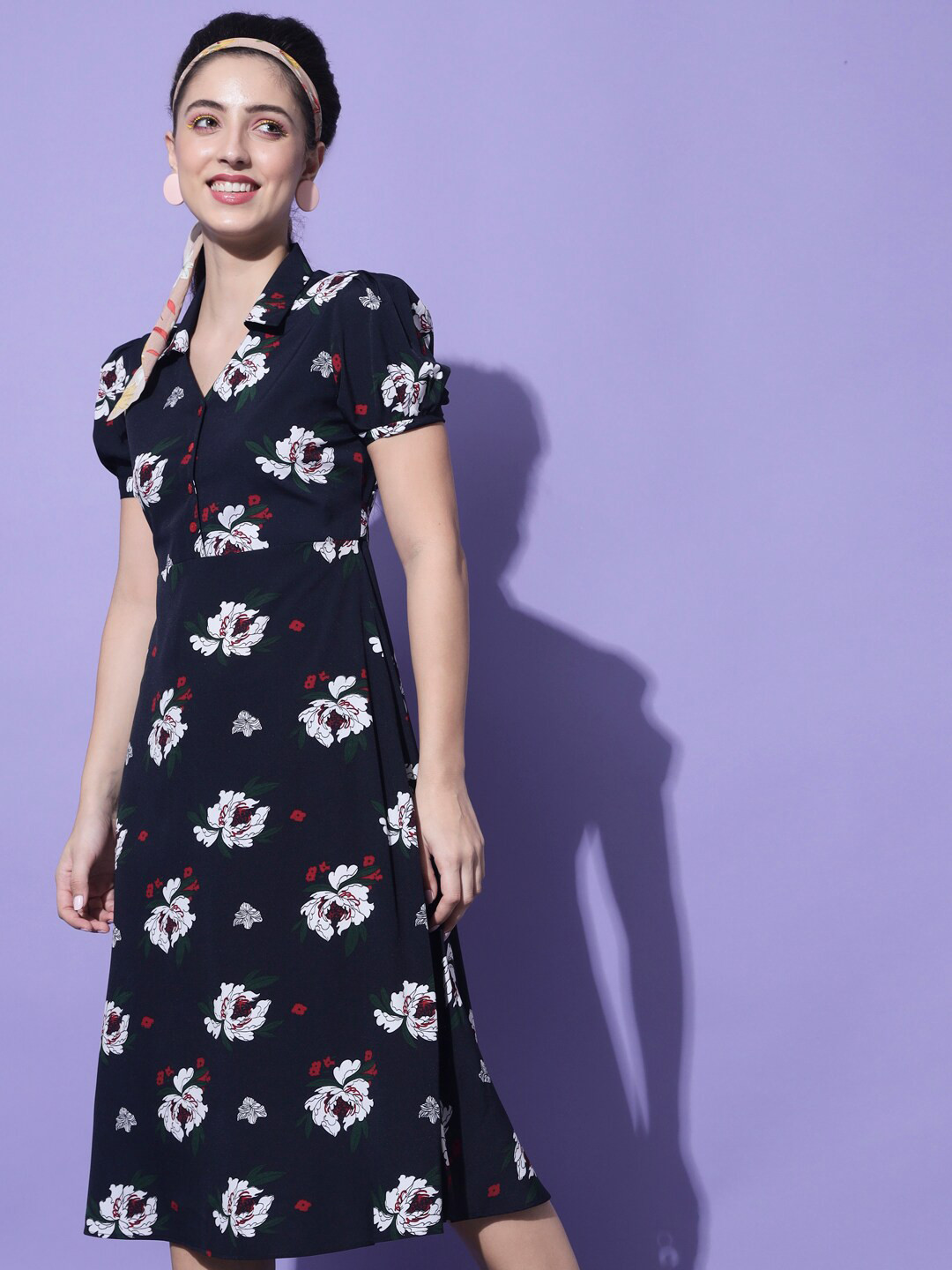 Slenor Navy Blue & White Floral Crepe Shirt Midi Dress
