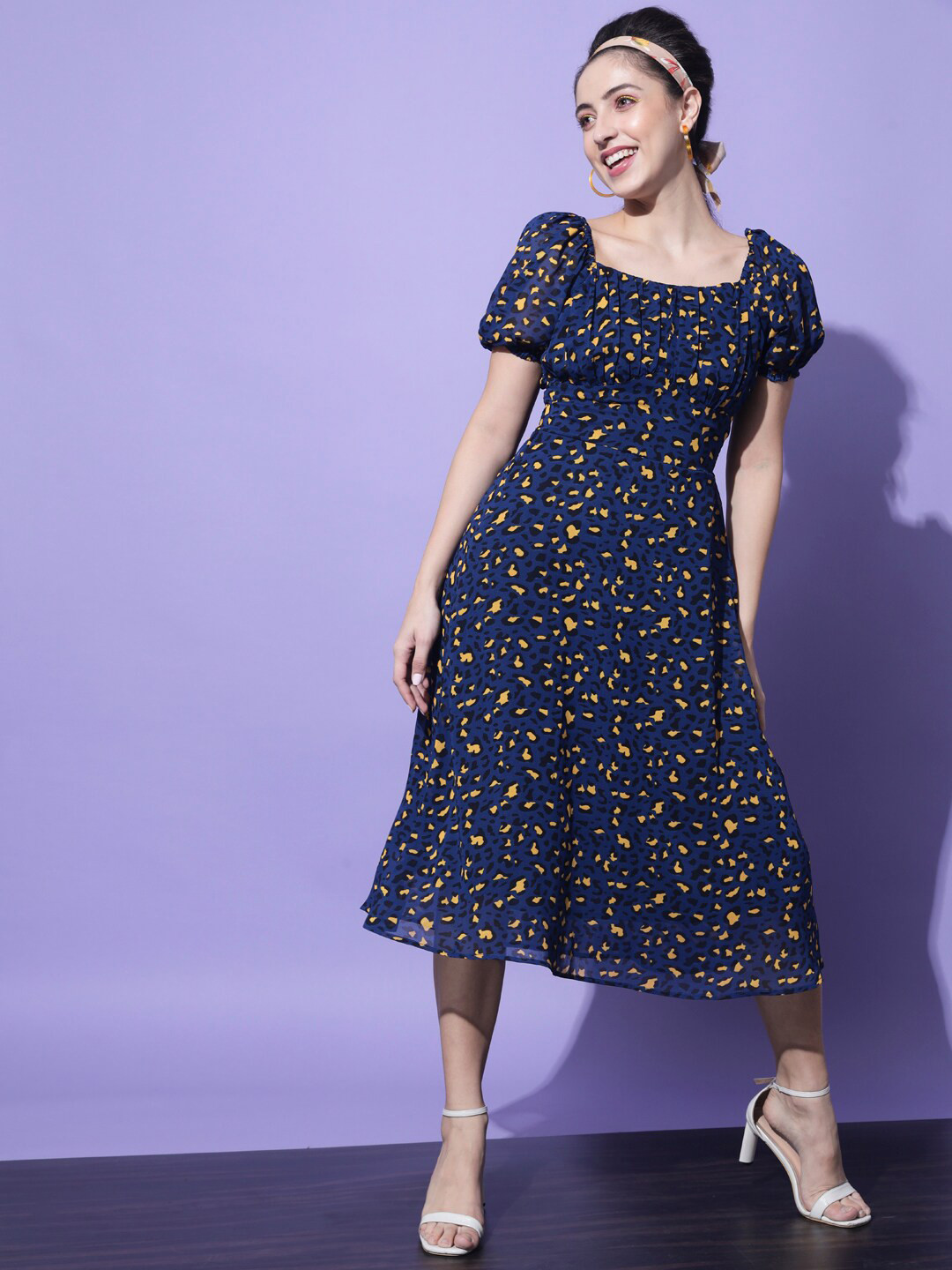 Slenor Navy Blue & Yellow Georgette Abstract Fit and Flared Midi Dress